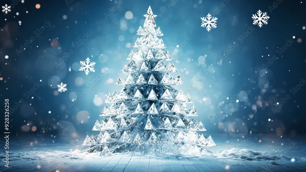 Christmas card with blue cold Ice glass Christmas tree, atmospheric evening night, city square Christmas card with blue cold Ice glass Christmas tree, atmospheric evening night, city square