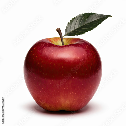 Glossy Red Apple with Leaf