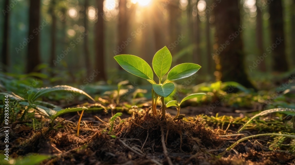 Fresh seedling emerging in forest under sunlight Fresh seedling emerging in forest under sunlight