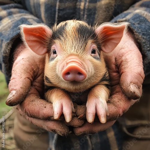 the cutest little piglet in the hands of a farmer photo