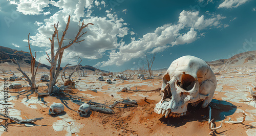 Elephant cemetery, desert landscape, lots of animal bones and skulls on the ground, dead dry trees. Generative AI.