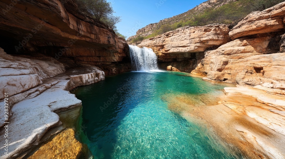 Naklejka premium Scenic view of a waterfall cascading into a clear turquoise pool surrounded by rocky cliffs and greenery under a blue sky.