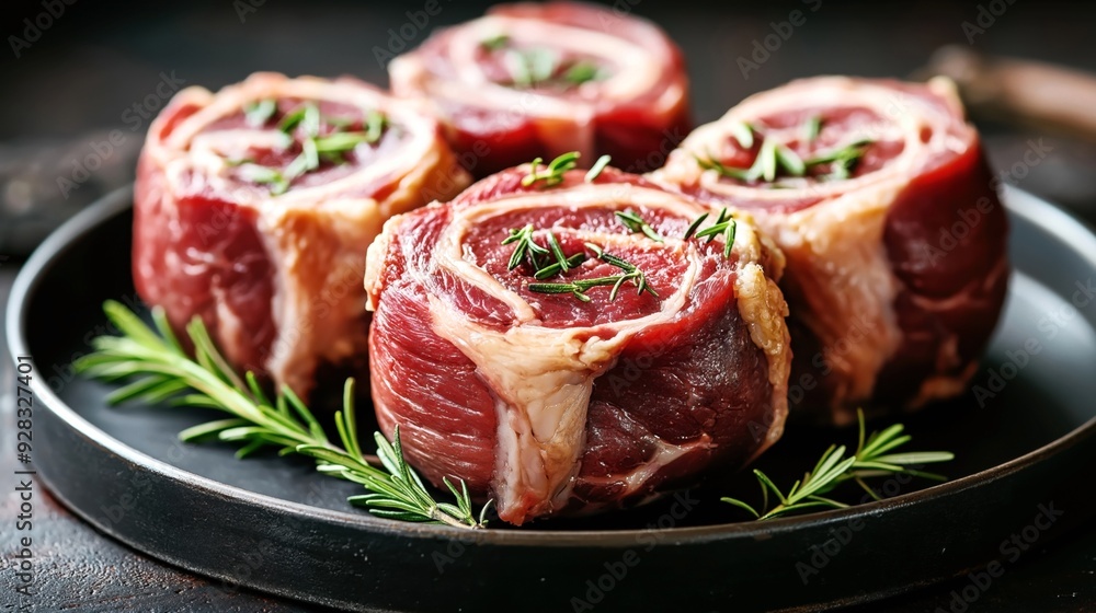 Raw beef steaks garnished with fresh rosemary on a black plate, ready for cooking. Raw beef steaks garnished with fresh rosemary on a black plate, ready for cooking.