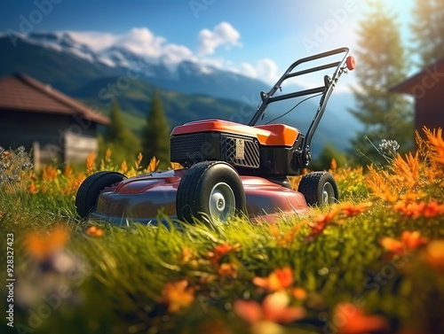 Attractive Man cutting grass with lawn mover in the back yard