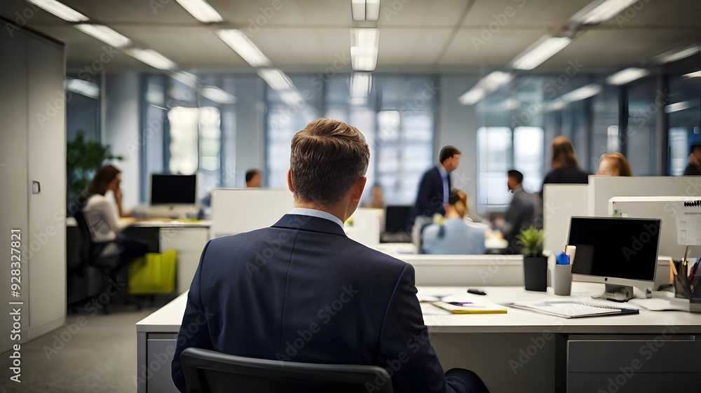 A businessman sits at his desk, concentrating on tasks with colleagues engaged in discussions around him in a vibrant office. Generative AI A businessman sits at his desk, concentrating on tasks with colleagues engaged in discussions around him in a vibrant office. Generative AI