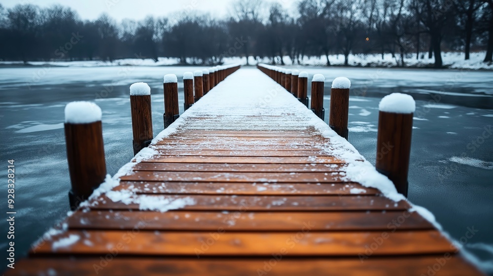 Obraz premium Snow-covered wooden pier extending into a frozen lake, with snow on the wooden posts, surrounded by a wintery landscape with bare trees in the background.