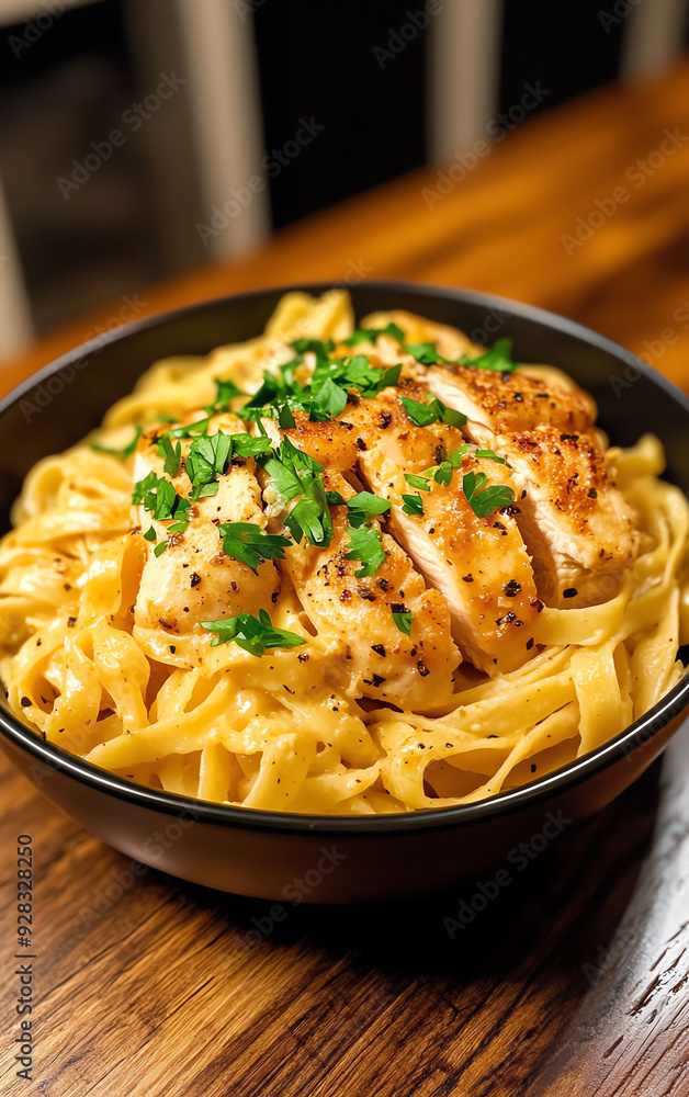 A delicious bowl of creamy chicken Alfredo pasta topped with fresh parsley served on a wooden table. A delicious bowl of creamy chicken Alfredo pasta topped with fresh parsley served on a wooden table.