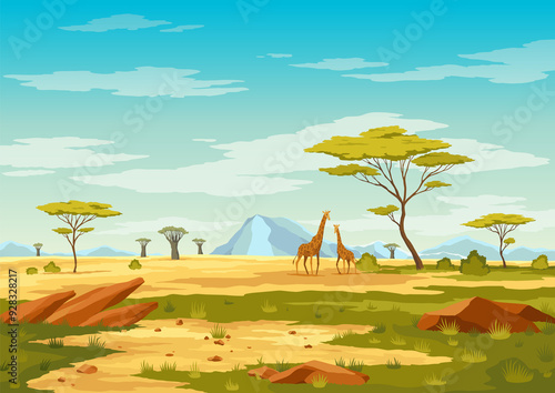 African savannah landscape, wild nature of Africa, cartoon background with green tree, rocks and plain grassland field under blue clear sky. Kenya panoramic view, parallax scene, illustration
