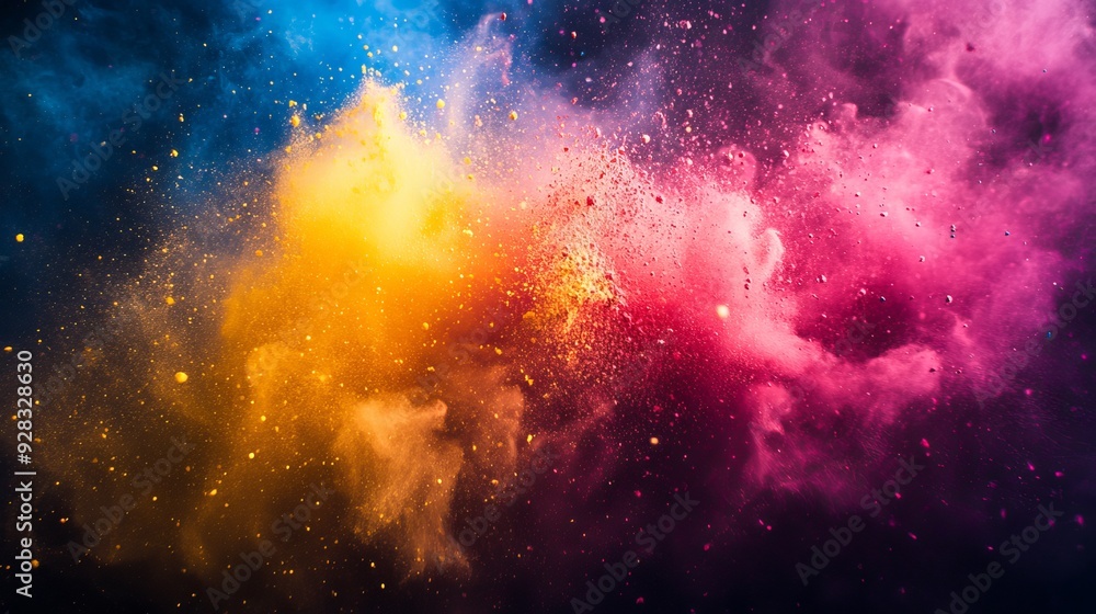 Fototapeta premium An abstract background featuring a freeze-motion effect of color powder exploding or being thrown, creating a vibrant and dynamic splat of colors.