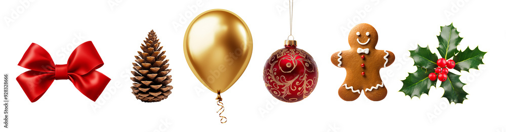 Collection set of photos of Christmas ornaments isolated on transparent background, red gift bow, pine tree cone, golden balloon, christmen ball, gingerbread man cookie, holly, png file Collection set of photos of Christmas ornaments isolated on transparent background, red gift bow, pine tree cone, golden balloon, christmen ball, gingerbread man cookie, holly, png file