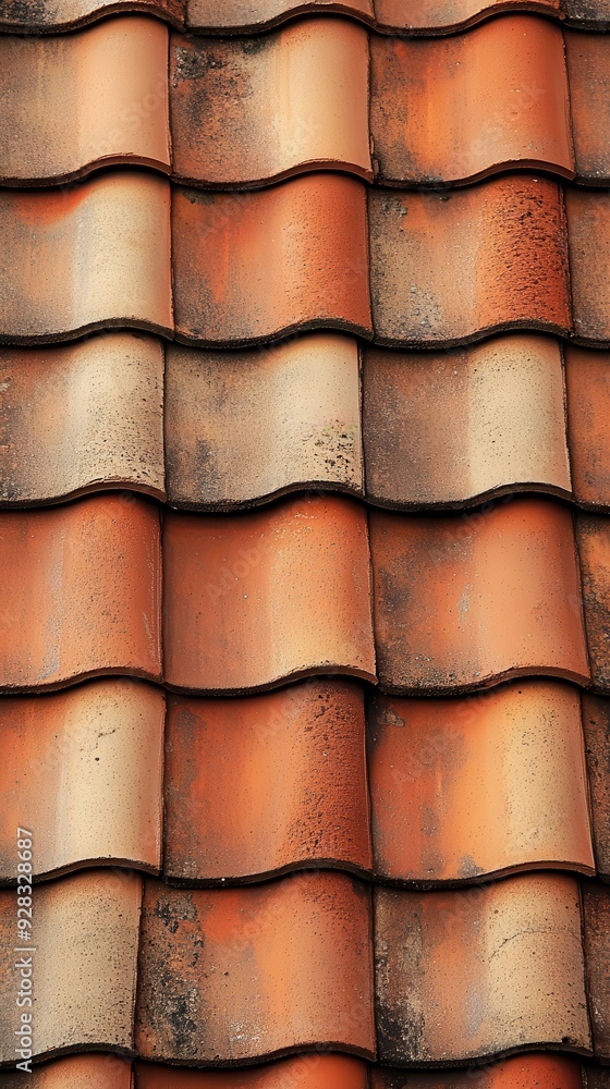 Close-up of a weathered terracotta roof tile pattern showcasing texture and color variations. Close-up of a weathered terracotta roof tile pattern showcasing texture and color variations.