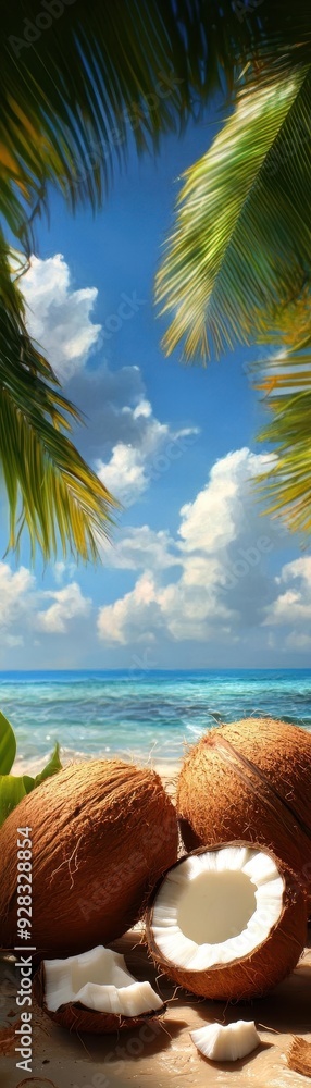 Scenic coastal view featuring coconut shells, lush palm leaves, and a vibrant sky, perfect for tropical summer vibes. Scenic coastal view featuring coconut shells, lush palm leaves, and a vibrant sky, perfect for tropical summer vibes.
