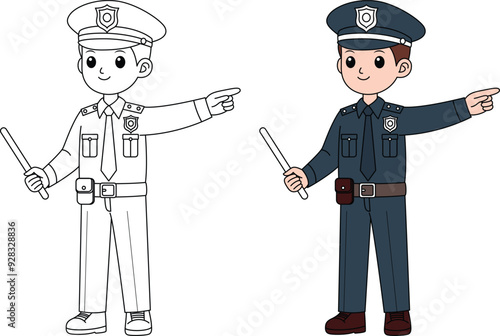 Police Outline Coloring Page. Labor Day Hand Drawn Clip art