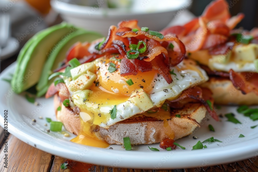 25 characters Close up of egg benedicts with avocado and bacon 25 characters Close up of egg benedicts with avocado and bacon