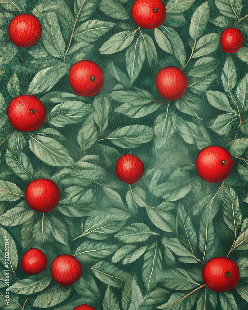 Vibrant pattern of red fruits surrounded by lush green leaves, perfect for decorative and nature-themed projects. Vibrant pattern of red fruits surrounded by lush green leaves, perfect for decorative and nature-themed projects.