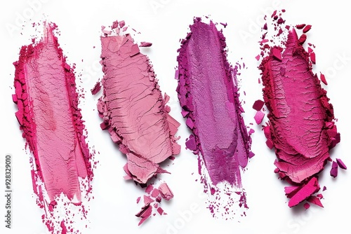 4 pink lipsticks makeup powder on white background