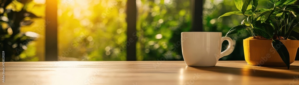 A cozy scene with a white cup and potted plant, capturing the warmth of morning sunlight and a peaceful atmosphere. A cozy scene with a white cup and potted plant, capturing the warmth of morning sunlight and a peaceful atmosphere.