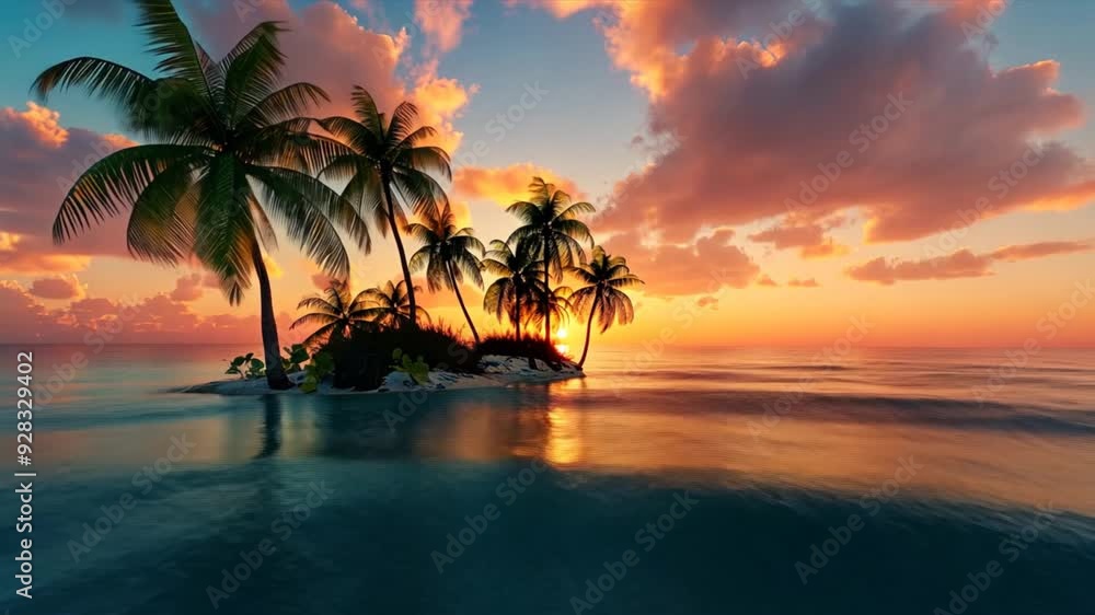 A beautiful sunset over the ocean with palm trees in the background A beautiful sunset over the ocean with palm trees in the background