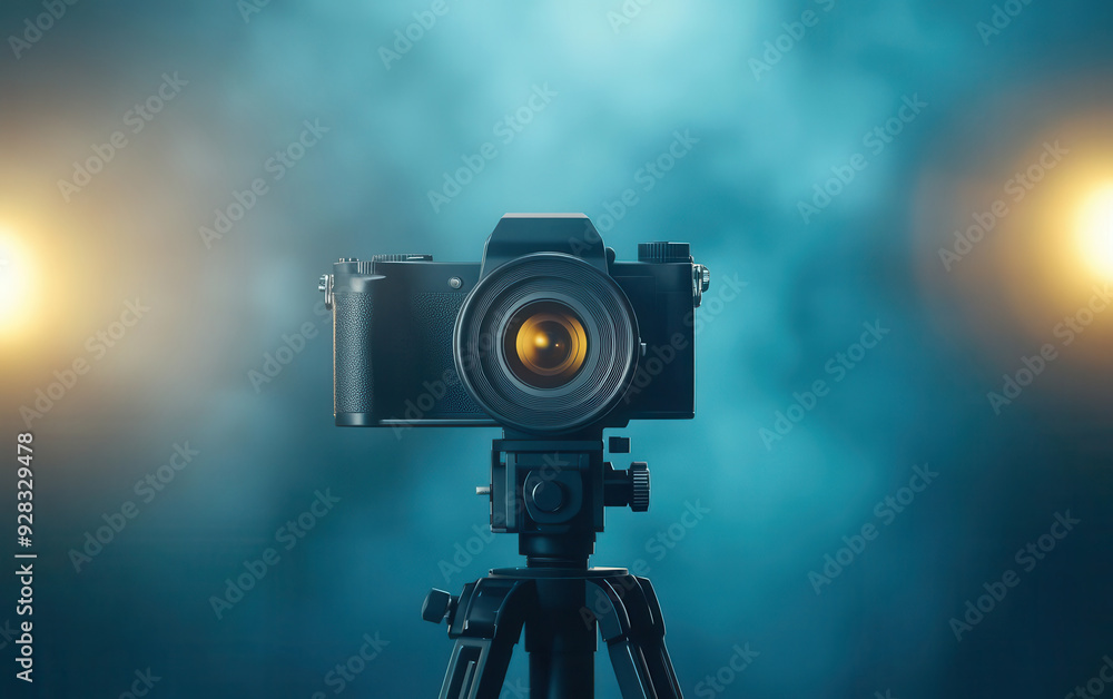 A professional camera on a tripod, illuminated by soft lights, set against a blue backdrop, perfect for photography enthusiasts. A professional camera on a tripod, illuminated by soft lights, set against a blue backdrop, perfect for photography enthusiasts.