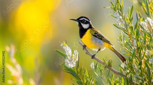 A dainty and chirpy Australian New Holland honeyeater (Phylidonyris novaehollandiae) perched on a branch of a melaleuca shrub after sipping nectar, enjoying a fine sunny morning in early winter.