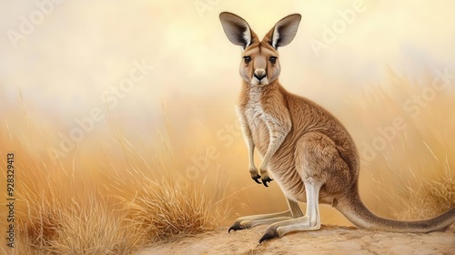 A kangaroo resting in a golden grass landscape, showcasing its unique features in a quiet, natural setting. photo