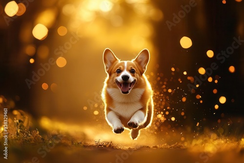 A playful corgi dog happily running in a sunlit forest, capturing the joy of nature and companionship.