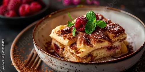 Close Up of Classic Italian Panettone Tiramisu with Vanilla Custard and Rhubarb in Stylish Nordic Bowl