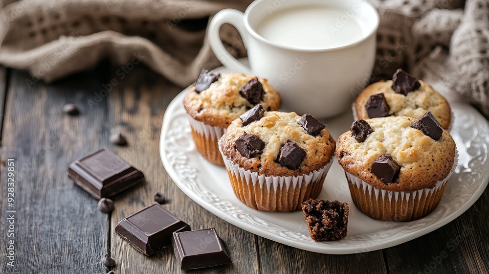 A group of chocolate muffins arranged next to a cup of milk, ready for breakfast. A group of chocolate muffins arranged next to a cup of milk, ready for breakfast.