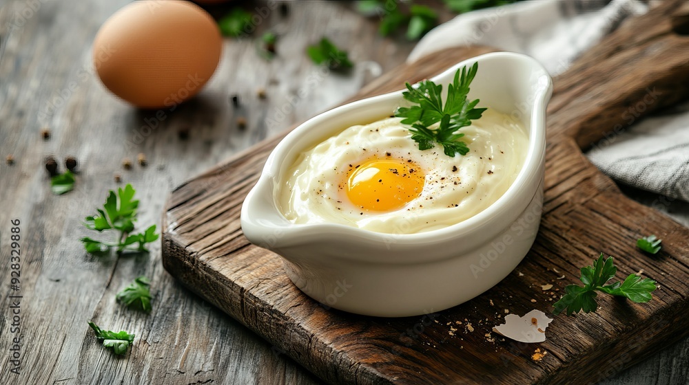 Homemade mayonnaise served in a gravy boat, accompanied by a raw egg, placed on a wooden cutting board. Homemade mayonnaise served in a gravy boat, accompanied by a raw egg, placed on a wooden cutting board.