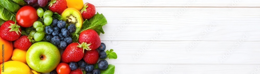 A vibrant assortment of fresh fruits including apples, berries, and citrus arranged on a rustic wooden surface.