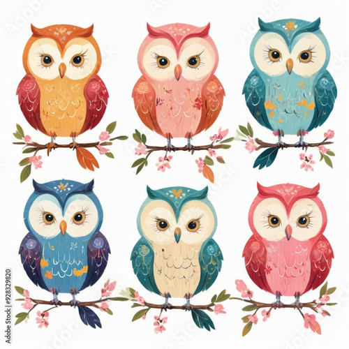 Colorful owls perched on a wooden fence 