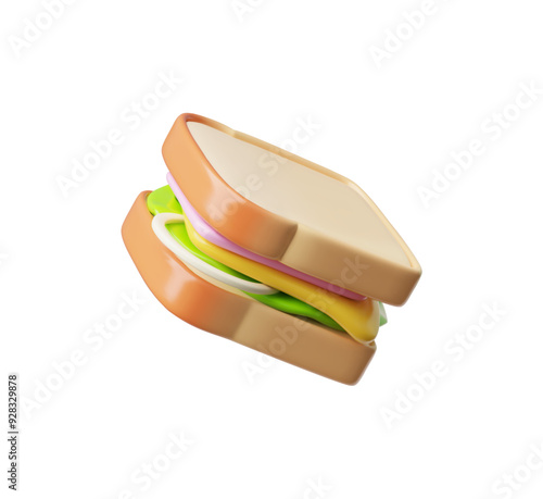 3d Vector illustration of a delicious fresh sandwich with cheese, tomato, lettuce and onion