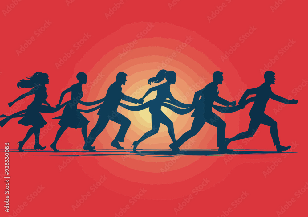Obraz premium Business Team Winning Race Reaching Finish Line, Silhouette Vector Illustration, Motivational Success Achievement Concept, Competitive Business Environment