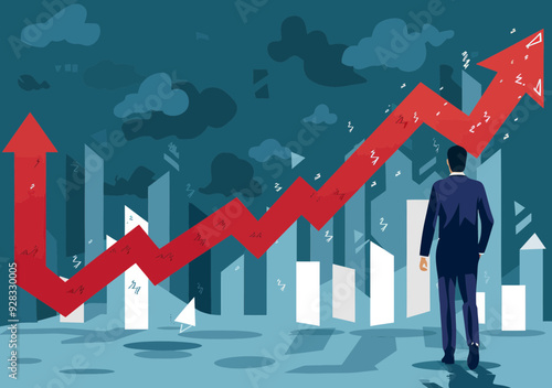 Manager Defying Market Trends: Businessman Going Against Economic Graph in Modern Cityscape - Investment Strategy Concept Illustration