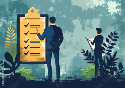 Manager Completing Checklist, Business Task Coordination, Teamwork, Minimalistic Vector Illustration, Efficient Management, Workplace, Business Strategy, Productivity, Leadership