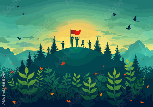 Business Achievement Concept Illustration with Team Holding Flag on Hilltop Amidst Nature at Sunrise