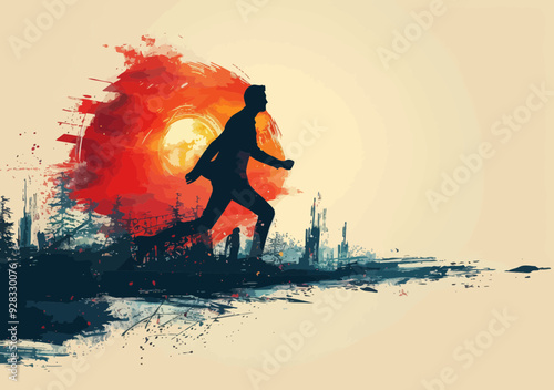 Businessman Running Towards Success with Vibrant Sunset Backdrop, Vector Concept Illustration, Minimalistic Silhouette in Motion for Growth, Achievement, Motivation, and Business Progress