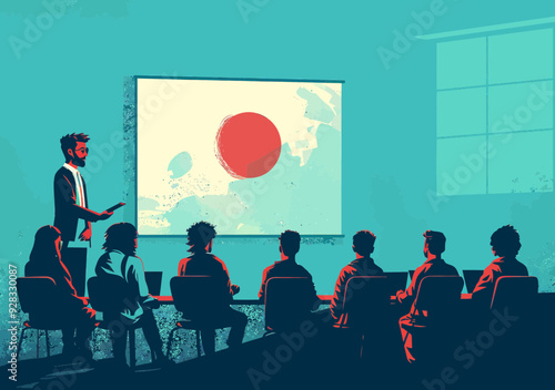 Business Team Learning in Modern Classroom with Teacher Giving Presentation, Minimalistic Flat Design, Education, Training, Professional Development, Daytime Setting