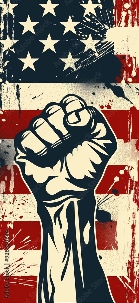 Obraz premium Patriotic poster. Clenched fist in the air in front of the american flag. Symbol of american power, strenght, unity or liberty. USA patriot