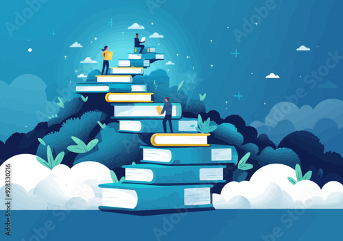 Ascending Path to Knowledge - People Climbing Staircase of Books Under Night Sky, Education and Personal Growth Concept, Vector Illustration