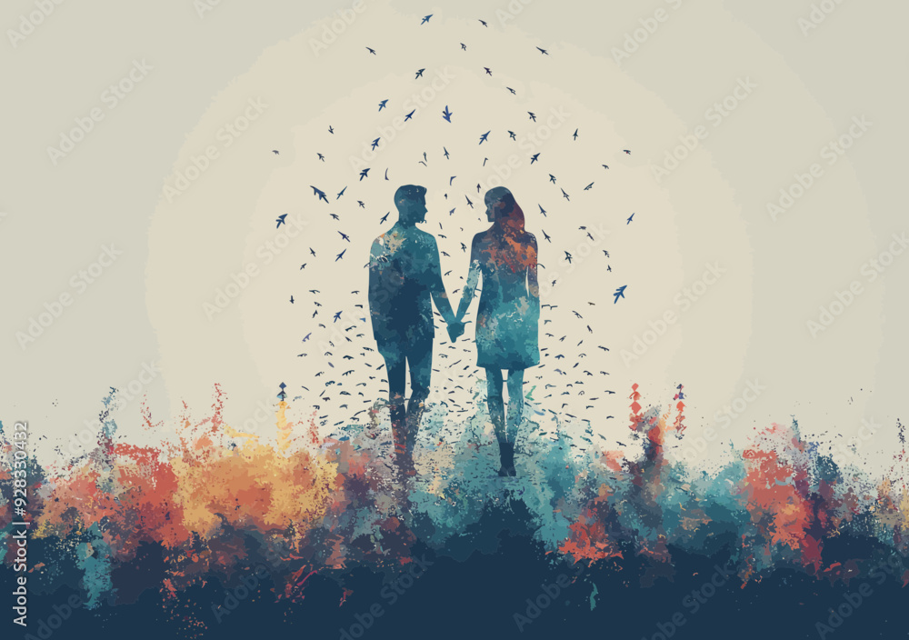 Fototapeta premium Surreal Couple Holding Hands Amid Flying Birds and Colorful Abstract Background at Dusk Conceptual Illustration