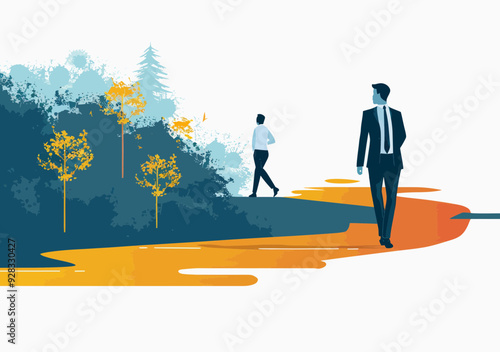 Business Leader Breaking New Ground and Setting Direction, Vector Illustration of a Businessman Walking Outside the Marked Path, Minimalist Design, Concept of Innovation and Visionary Leadership