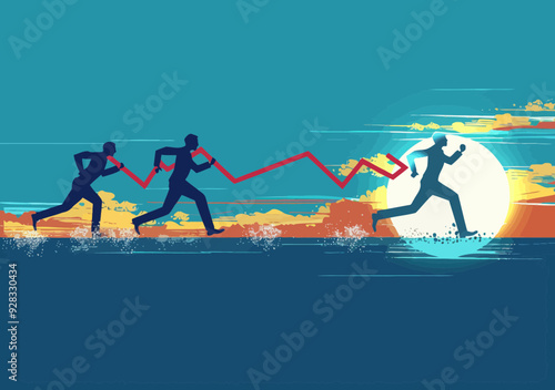 Business People Running to Finish Line with Growth Chart Line Against Sunset Background, Minimalistic Vector Illustration Depicting Competition and Success, Motivating Concept of Business Achievement
