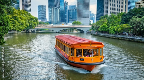 A tourist boat cruising along the Singapore River, with the historic Cavenagh Bridge in the background. photo