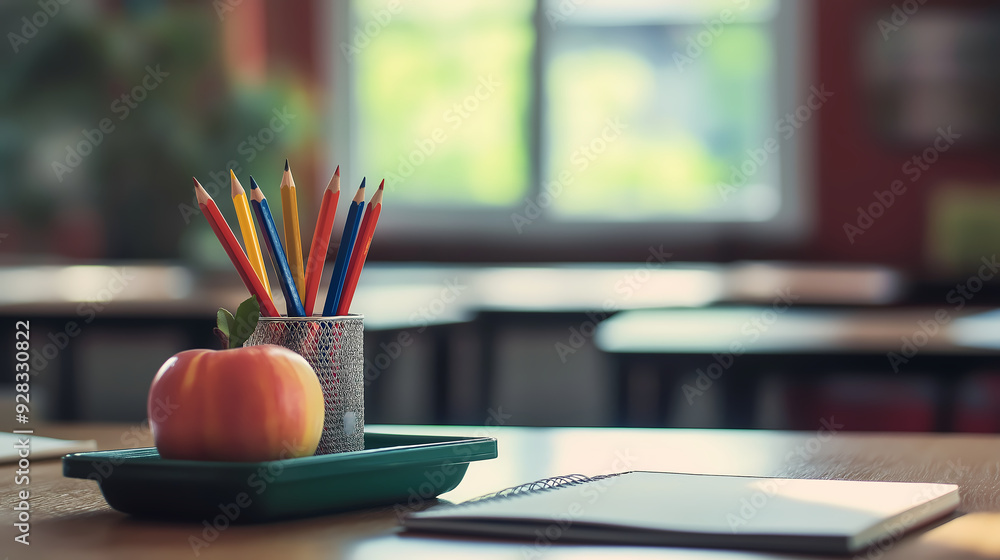 School Supplies on a Desk with Classroom Background School Supplies on a Desk with Classroom Background