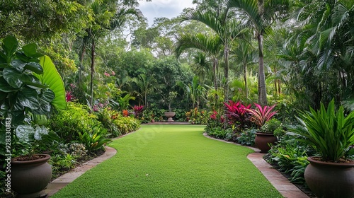 A lush tropical garden in North Queensland, Australia, filled with vibrant greenery and exotic plants.