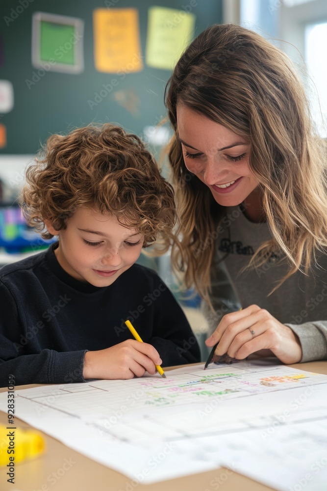 A special education teacher working with a student on a personalized learning plan with visual schedules and goals A special education teacher working with a student on a personalized learning plan with visual schedules and goals