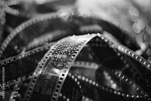 Antique filmstrip on blurred black and white background photo