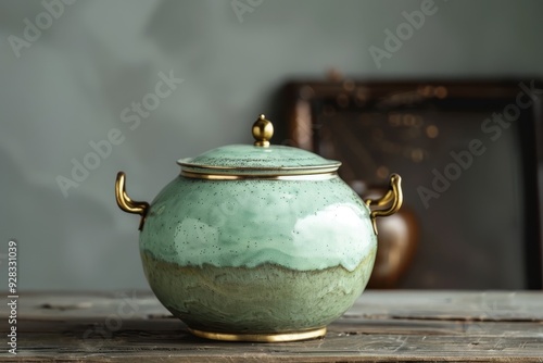 Antique luxury celadon ceramic food carrier with brass accents on wooden table perfect for vintage travel photo