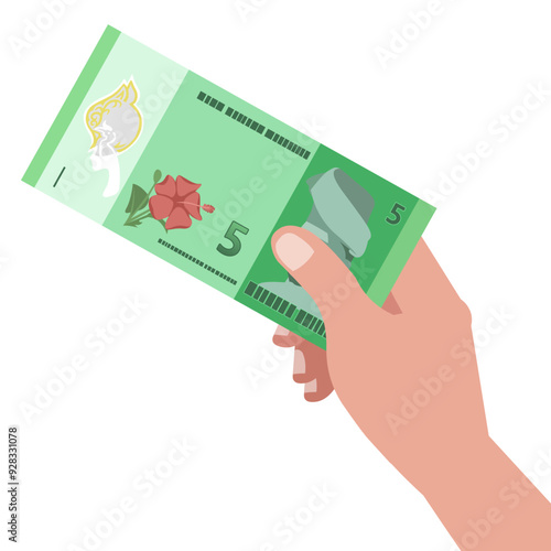 Hand holding and show the Malaysia banknotes of five Ringgit RM5, sample flat design illustration of Malaysia currency Ringgit Malaysia cash paper money.